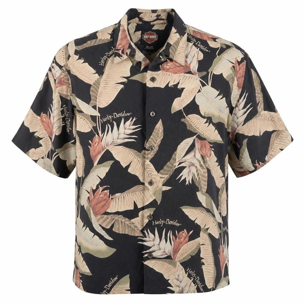 Harley Davidson X Tori Richard Hawaiian shirt Mens 100% Silk Black Floral Biker